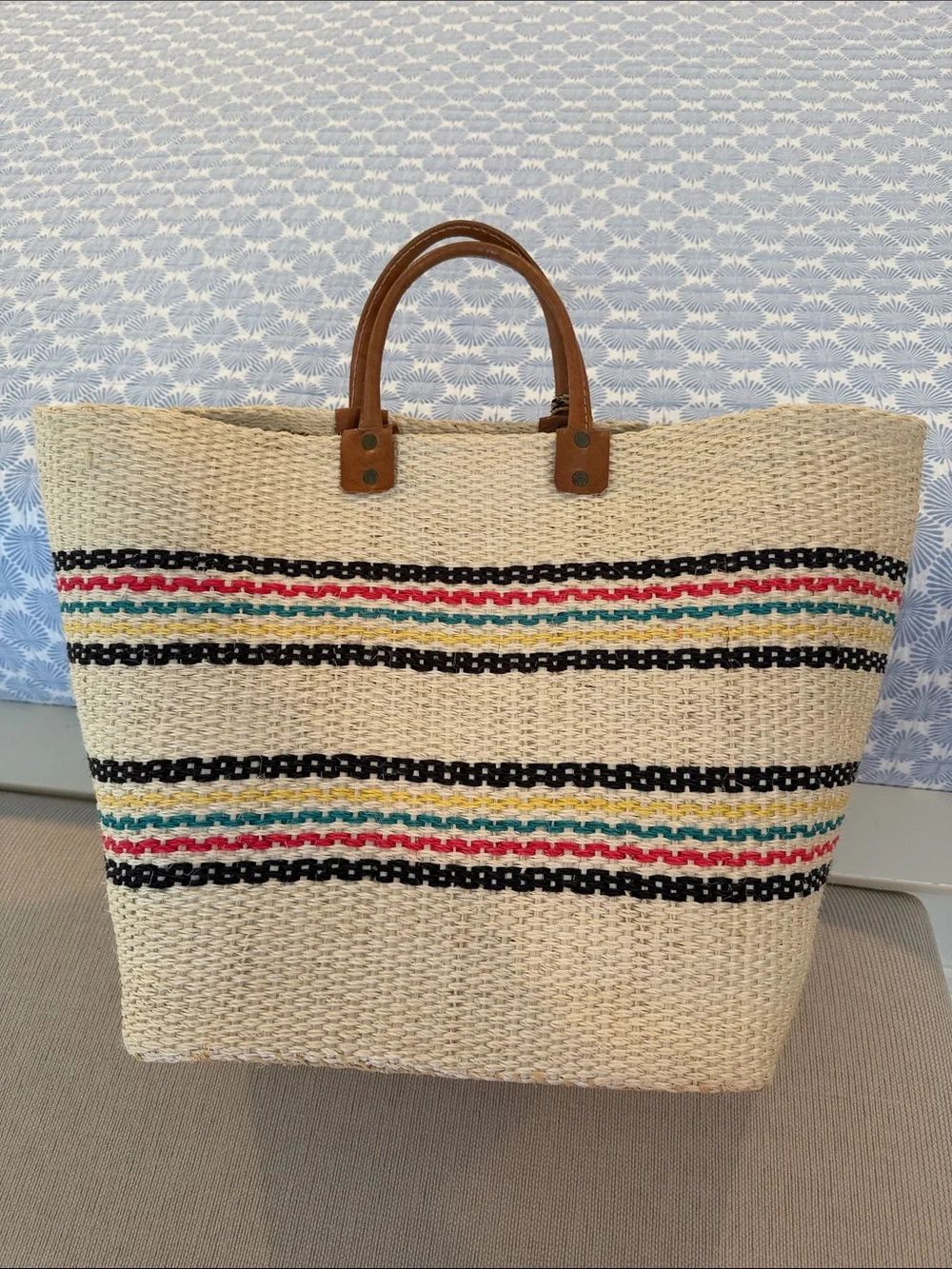 mar y sol Beige Straw Tote with Multicolor Stripes and Pom-Pom Accents